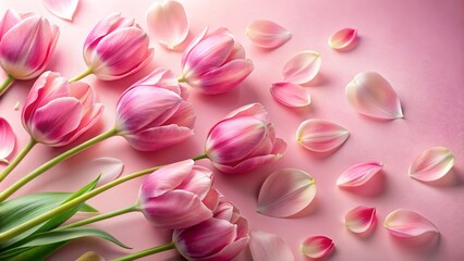 Obraz premium Softly scattered delicate pink tulip petals create a feminine elegant composition against a matching gentle pink background with artistic flair.