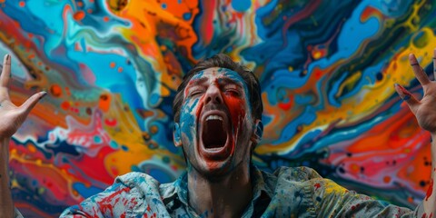 Man Screams Amidst Explosive Burst of Vivid Colors