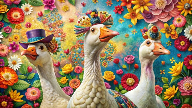 Whimsical vibrant illustration featuring adorable goofy geese engaging in humorous antics amidst colorful floral backdrops and trendy accessories.