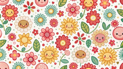 Whimsical seamless pattern featuring adorable flower and strawberry motifs, surrounded by cheerful smiles, on a clean white background.