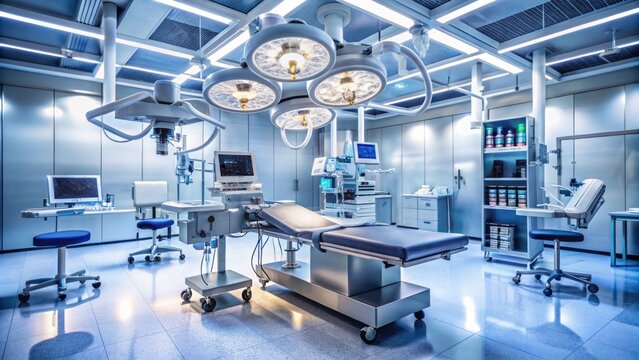 Surgical equipment, operating room machinery, and hospital instruments surround a sterile, illuminated operating table under bright ceiling lights.
