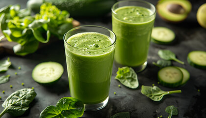 Fototapeta premium Glass filled with vibrant and fresh green juice for a healthy lifestyle. Piece of spinach and cucumber.