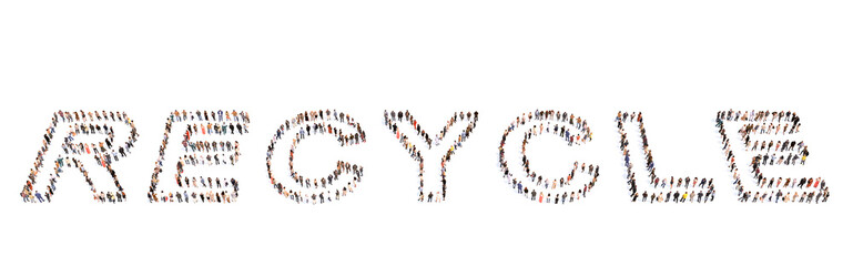 Concept conceptual large community of people forming the RECCYCLE word. 3d illustration metaphor for ecology, environment, conservation, eco friendly, renewable resources  and alternative energy