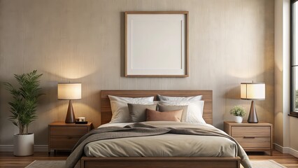 Beige wall art mockup with dark wood frame in a bedroom setting, beige, wall art, mockup, bedroom, beige wall