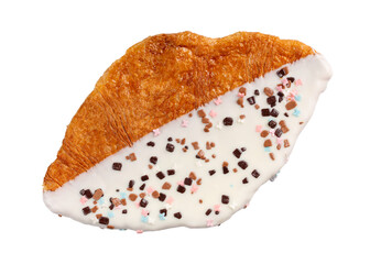 Flat croissant isolated on white. Trendy flat croissant with white chocolate icing and sugar sprinkles. Top view.