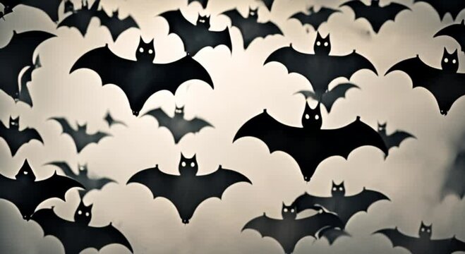 A black and white video of bats flying in the air. The image has a spooky and eerie mood, with the bats appearing to be in motion and scattered throughout the frame