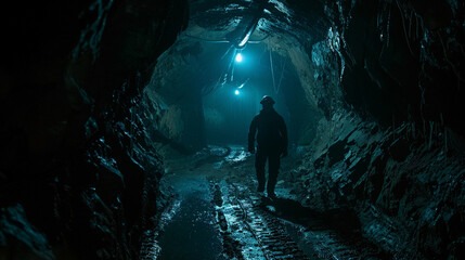 Fototapeta premium A lone miner walks through a dimly lit underground tunnel, surrounded by wet rock walls and industrial lighting