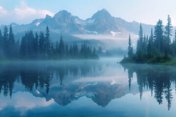Morning mist rising from a lake surrounded by peaks