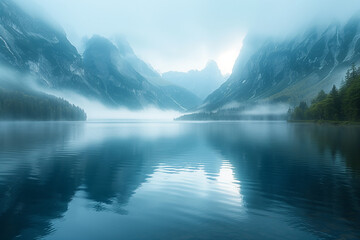 Morning mist rising from a lake surrounded by peaks