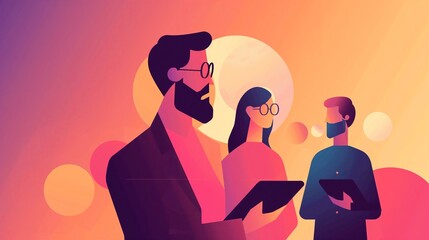 A bold gradient artwork transitioning from bright red to deep purple, illustrating a business team brainstorming innovative ideas with digital tablets