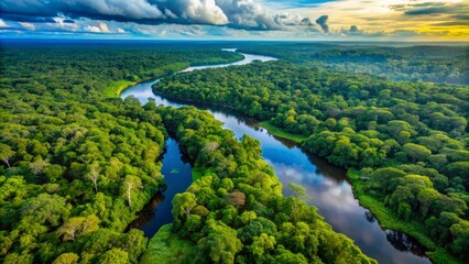 Vibrant aerial shot of Amazon rainforest, featuring dense emerald foliage, serpentine waterways, and majestic tropical landscape in pristine condition.