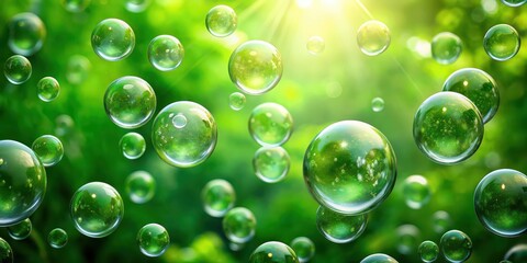 Clear bubbles floating on a green background creating a serene and refreshing atmosphere, bubbles, green, background, serene