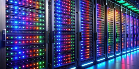 Abstract technology background of server rack with colorful LED lights, server, rack, technology