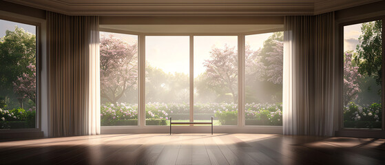 Obraz premium A large bay window with sunlight streaming through, overlooking a serene garden with blooming flowers, Bright, High detail, Peaceful and inviting view