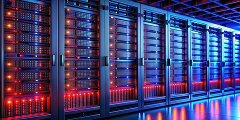 Abstract technology background with rows of rack-mounted servers and glowing red and blue lights