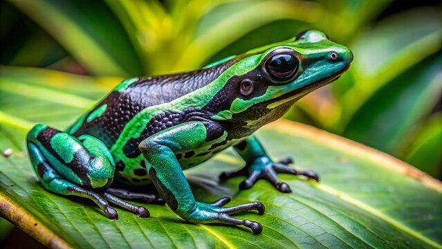 Vibrant green and black poisonous Kambo frog perches on lush leaves, its toxic secretions glistening on skin in Amazon rainforest habitat.