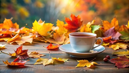 A serene image of a cup of tea surrounded by colorful autumn leaves, tea, autumn, leaves, fall, beverage, drink, nature