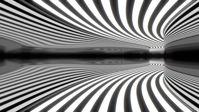 Trippy Psychedelic Black White Striped Mirror Optical Illusion Tunnel - 4K Seamless VJ Loop Motion Background Animation