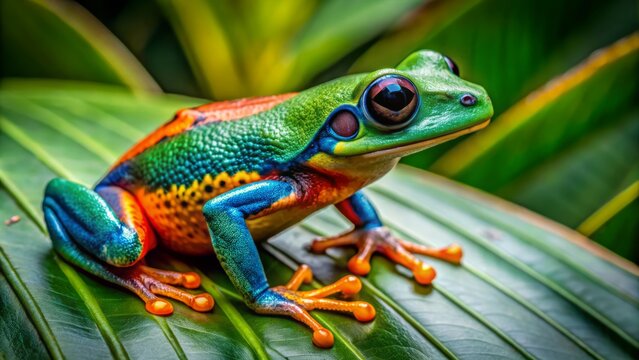 Vibrant Kambo frog perches on lush green Amazonian leaf, its toxic secretions glistening on skin, a natural defense against predators.