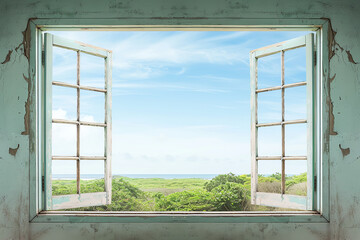 A rustic wooden window frame with peeling paint, offering a view of a quaint countryside landscape, Nostalgic, High resolution, Charming and timeless scene
