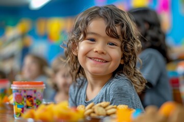 Young Girl Smiles at the Camera While Enjoying Summer Fruit at an Outdoor Picnic