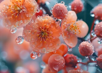 Orange blossoms with dew drops up close.
