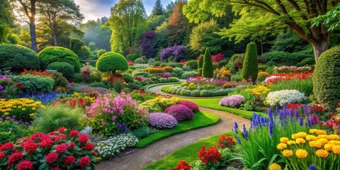 A serene garden with colorful flowers and lush greenery, garden, nature, outdoors, plants, flowers, colorful, serene