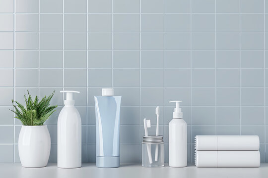 A set of personal hygiene products including a toothbrush, toothpaste, and hand sanitizer, arranged neatly on a counter, Practical, High detail, Organized and hygienic setup