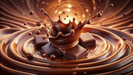 Rich, velvety brown chocolate splashes against a clean, bright background, with small droplets and swirls, evoking a sense of indulgence.