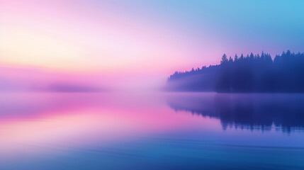 Fototapeta premium A tranquil lakeside scene at dawn with mist rising from the water, soft pastel colors in the sky, and silhouettes of trees, Natural, High resolution, Quiet and reflective mood