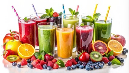 Vibrant and refreshing assortment of colorful smoothie, juice, and sparkling water glasses adorned with fresh fruits on a white background.