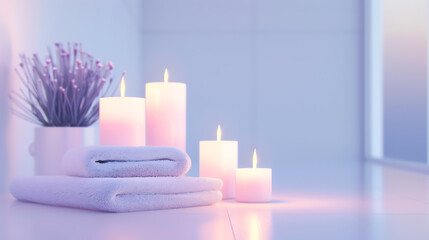 A tranquil spa scene with aromatic candles, soft towels, and a calming lavender color scheme, Serene, High detail, Peaceful and relaxing ambiance