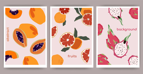 Modern Abstract fruit posters template set in Minimal style. Hand drawn papaya, grapefruit, dragon fruit design wall decor, print cover, template, banner,for wallpaper.Fruits abstract elements.Vector 