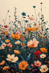 Detailed shot of a vector field of flowers, with soft, pastel colors and a simple, minimalist cartoon design,