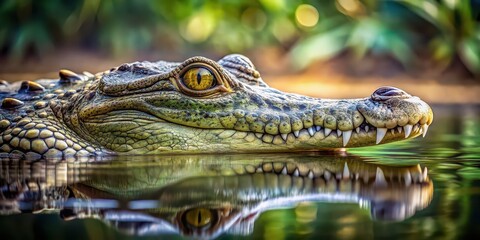 Obraz premium A close-up image of a crocodile lurking in the water, wildlife, predator, reptile, dangerous, water, scales, teeth, habitat