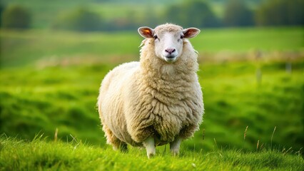 Fototapeta premium A fluffy white sheep standing in a green meadow, sheep, fluffy, woolly, livestock, farm animal, grazing, meadow, agriculture