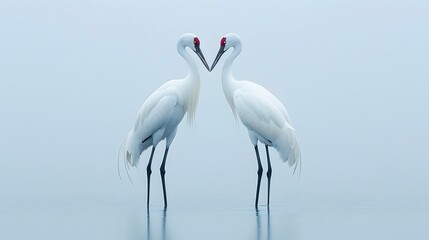 Obraz premium Elegant white cranes face-to-face in misty waters, creating a serene and romantic scene