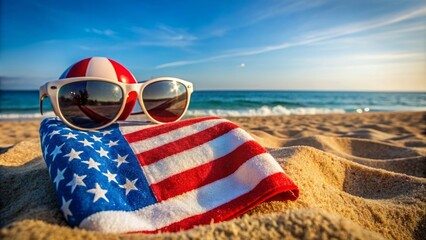 A serene coastal scene with a USA flag-inspired beach towel, ball, and sunglasses, symbolizing American patriotism and summertime fun.