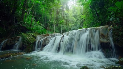 Obraz premium Nature Waterfall In A Tropical Forest In Phatthalung, South Of Thailand, With Lush Green Surroundings