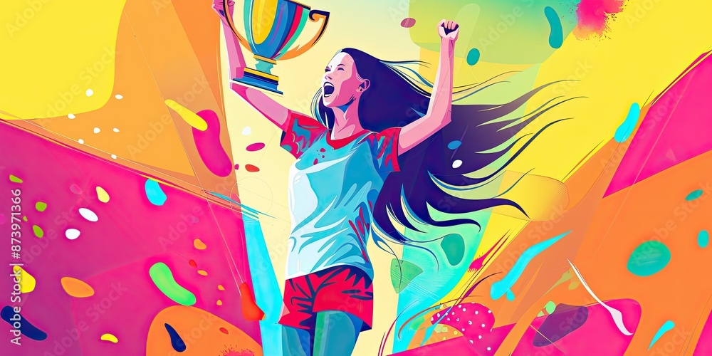 Wall mural joyful woman holding trophy in geometric art