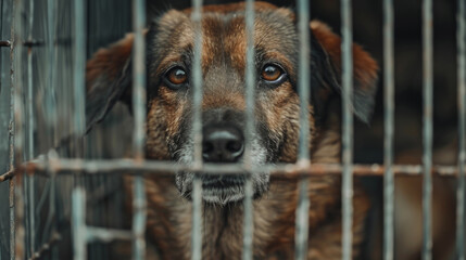 Homeless dog in animal shelter cage 