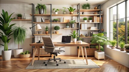 Fototapeta premium Modern organized workspace featuring laptop computer desk ergonomic chair bookshelves plants and decorative elements in a cozy minimalist environment.