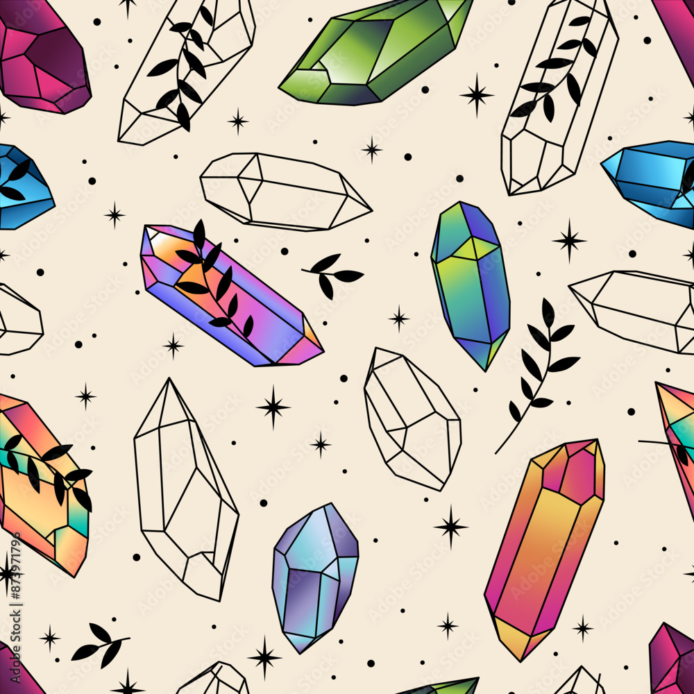 Wall mural Beautiful seamless pattern with  colorful crystals, herbs, vector illustration. Contemporary composition. Trendy texture for print, textile, packaging.