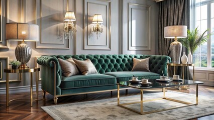 Sophisticated living room showcases luxurious velvet sofa, metallic side table, and ornate lamp, exuding opulence and refined modern sophistication.