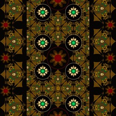 African ethnic tribal fabric patterns adorned with intricate floral designs and ancient ethnic art motifs in elegant tones of gold and red. Ethnic crafted for the textile industry, these patterns 
