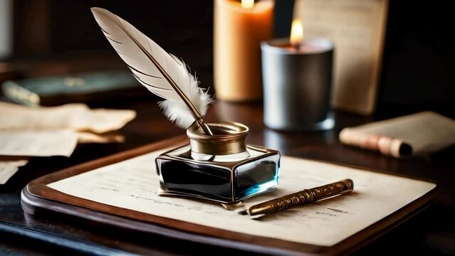 An antique inkwell with a beautifully crafted feather quill pen, placed on a wooden writing desk. The inkwell is made of glass and metal, and the quill is poised as if ready for writing. 