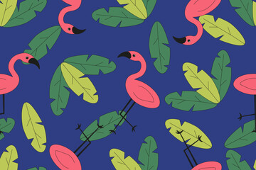 Summer seamless pattern with palm leaves. Jungle and beach theme. Flamingo ornament. Flat vector aesthetic can used wall, dress, fabric decor print. EPS 10