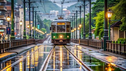 Obraz premium A lone tram glides smoothly on wet rails, raindrops glisten on its surface, amidst Nagasaki's tranquil morning scenery on May 12 2024.