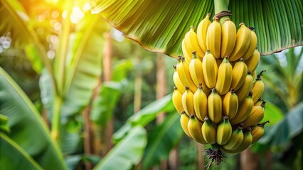 Naklejka premium Banana bunch hanging on banana palm tree , tropical, fruit, plantation, organic, agricultural, fresh, green, natural, ripe