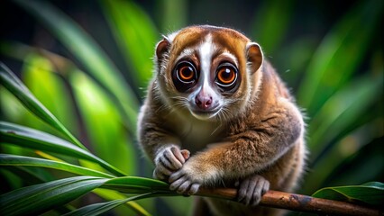 Obraz premium Adorable nocturnal primate slow loris sitting alone on a tree branch in a dark jungle environment with large round eyes.